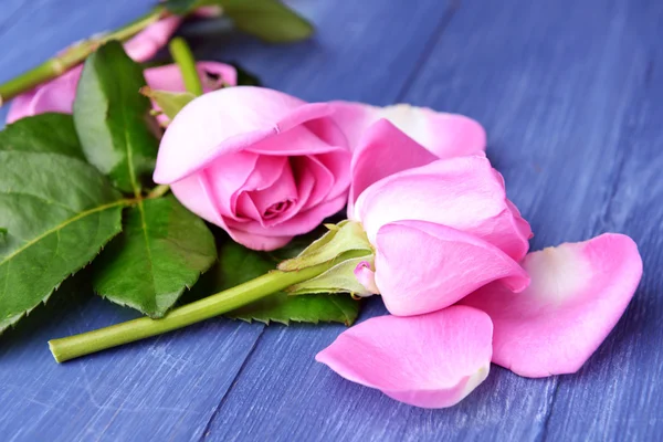 Beautiful pink petals of roses on color wooden table, closeup — Stock Photo, Image