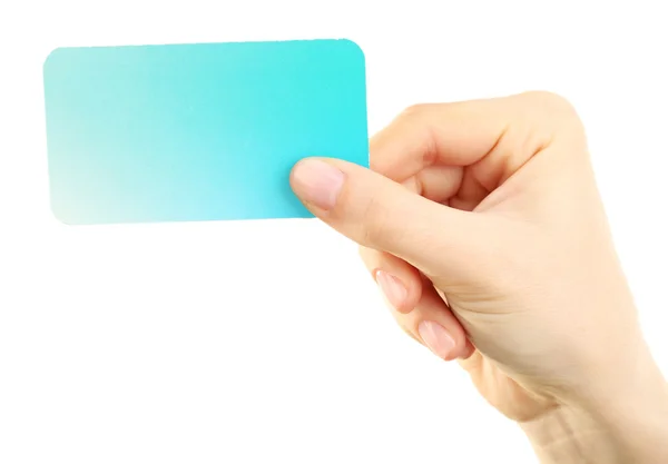 Χέρι που κρατά επαγγελματική κάρτα, που απομονώνονται σε λευκό — Φωτογραφία Αρχείου
