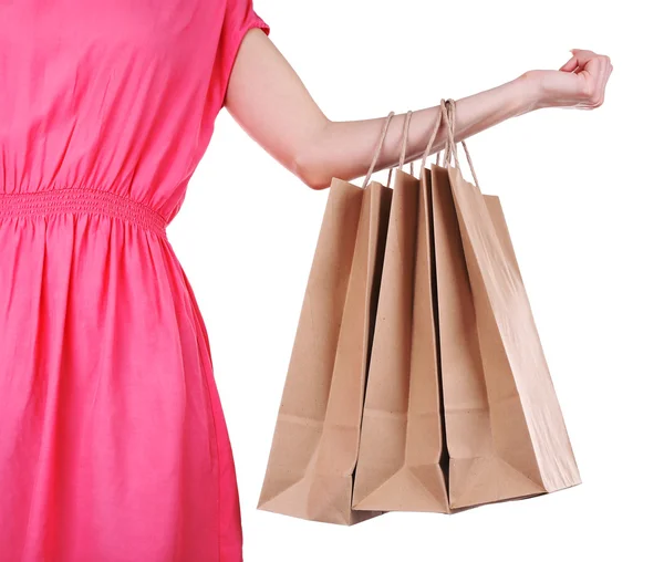 Woman holding paper shopping bag isolated on white — Stock Photo, Image