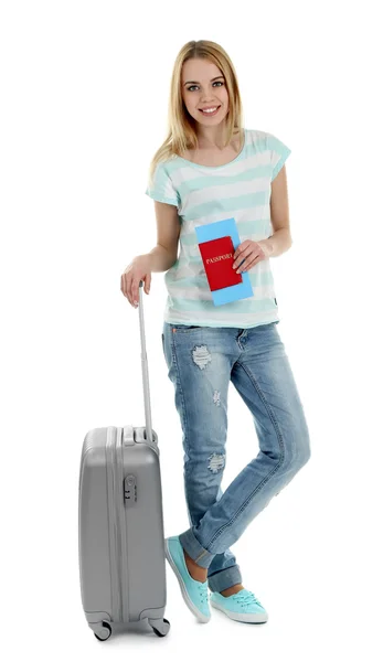 Žena držící kufr, izolovaných na bílém — Stock fotografie