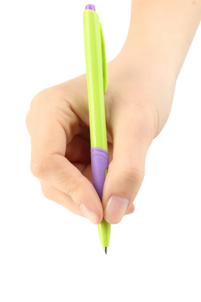 Mano femenina con pluma aislada en blanco — Foto de Stock