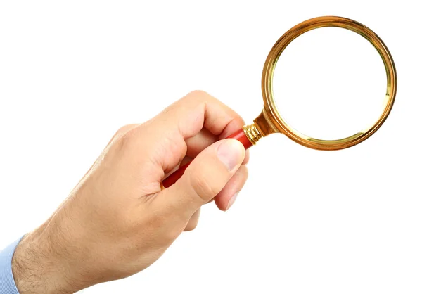 Male hand holding magnifying glass — Stock Photo, Image