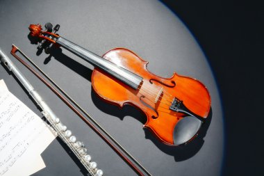 Violin and flute with music notes on dark background clipart