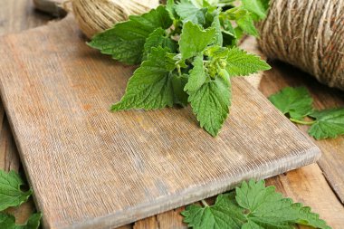 Melisa makas ve ip ile yaprakları üzerinde ahşap kesme tahtası, portre