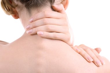 Young woman with neck pain close up clipart
