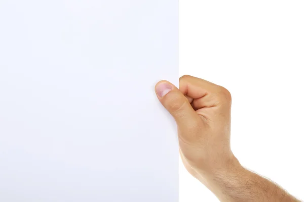 Mão masculina segurando papel em branco — Fotografia de Stock