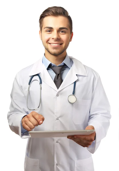 Manliga läkare med tablett isolerad på vit — Stockfoto