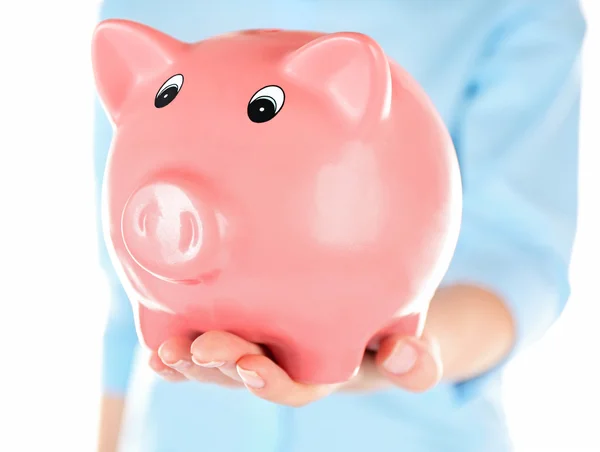 Woman holding piggy bank close up — Stock Photo, Image