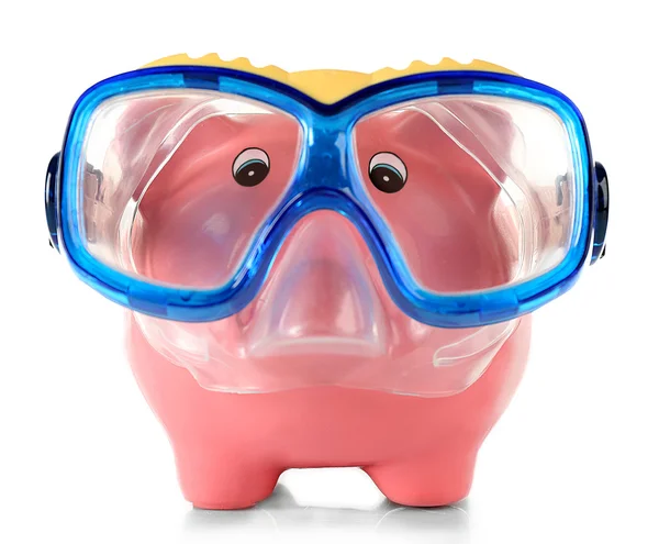 Piggy bank with mask for diving isolated on white — Stockfoto