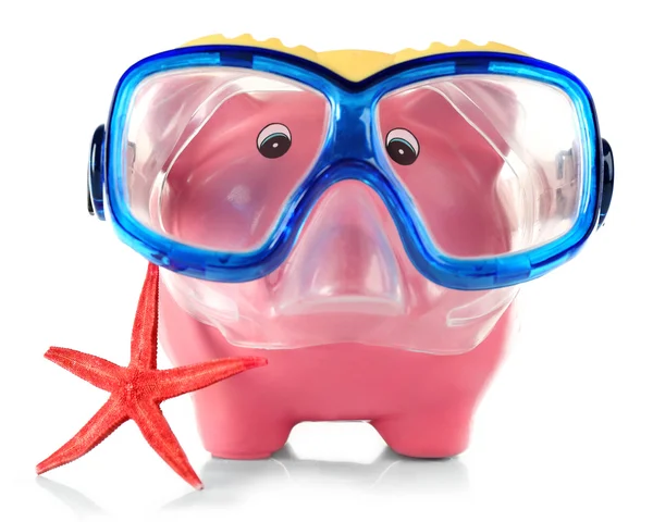 Piggy bank with mask for diving and sea star isolated on white — 图库照片