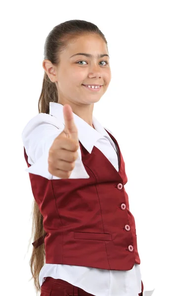 Hermosa niña en uniforme escolar aislado en blanco —  Fotos de Stock