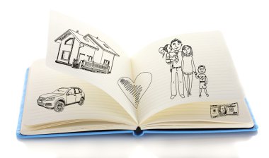 Açık kitap üzerine beyaz izole çizimler ile