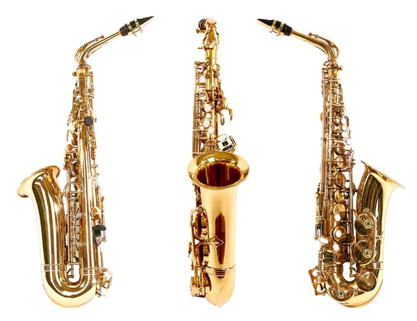 Goldene Saxophone isoliert auf Weiß — Stockfoto