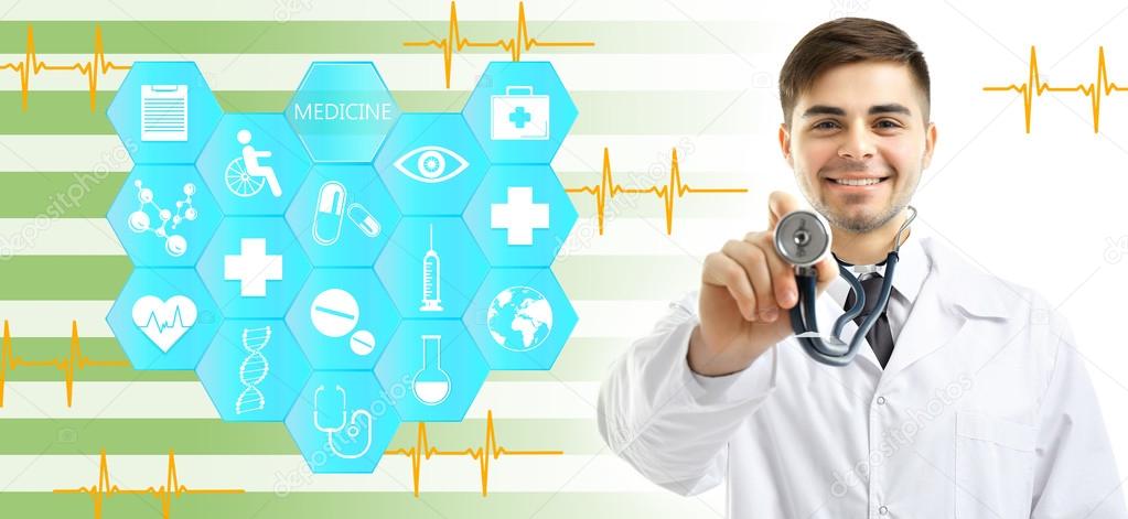 Medical doctor working with healthcare icons. Modern medical technologies concept