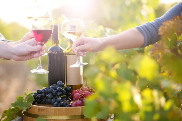 Wineglass in hand on grape plantation background — Stock Photo, Image