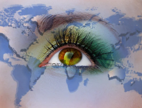 Human face with painted map of world — Stock Photo, Image