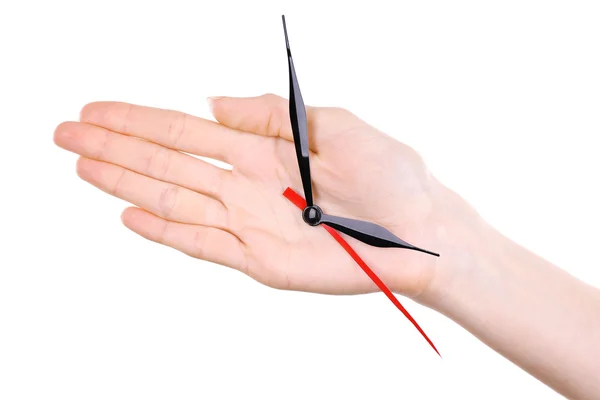 Hand holding clock arrows isolated on white — Stock Photo, Image