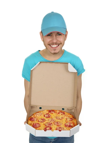 Livraison garçon avec boîte à pizza en carton isolé sur blanc — Photo