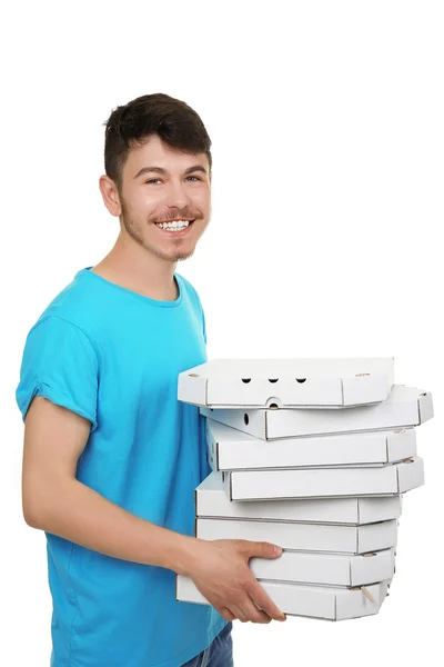 Consegna ragazzo con scatola di cartone pizza isolato su bianco — Foto Stock
