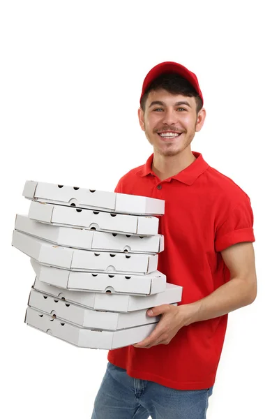 Entrega menino com caixa de pizza de papelão isolado em branco — Fotografia de Stock