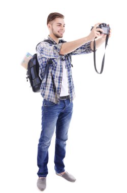 Gezgin üzerinde beyaz izole kamera ile