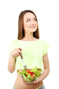 diyet salata üzerine beyaz izole kase cam olan slim kadın