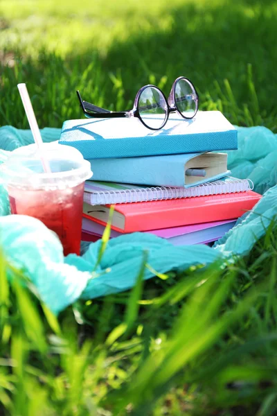 Libri, bicchieri e bevande sull'erba primo piano — Foto Stock