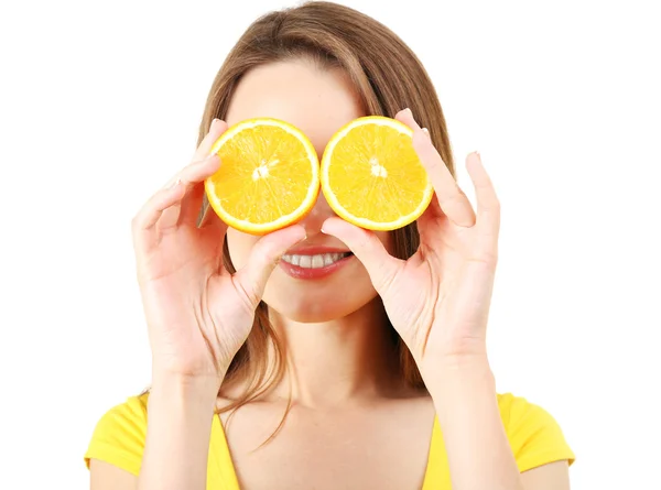 Healthy young woman with sliced orange isolated on white — Stock Photo, Image