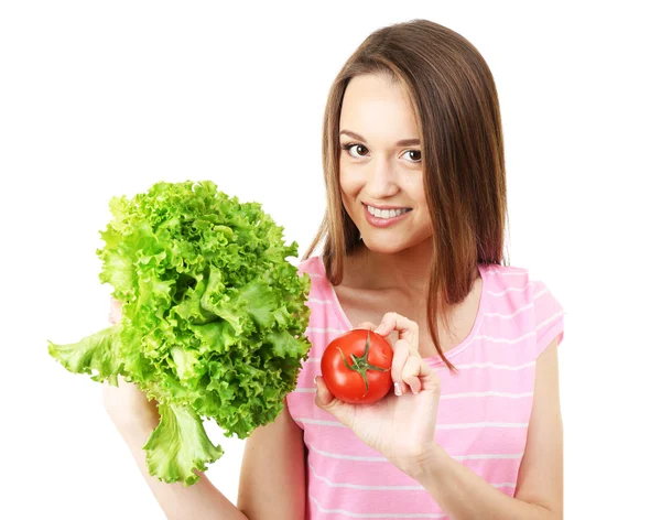Jovem saudável com molho de alface e tomate isolado em branco — Fotografia de Stock
