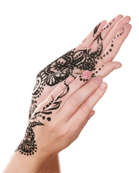 Image of henna on female hands isolated on white — Stock Photo, Image