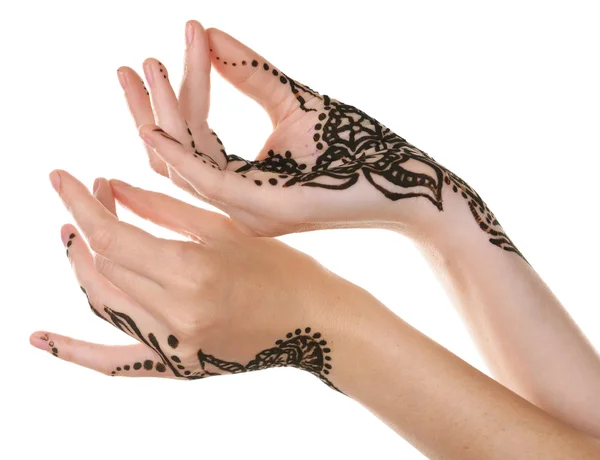 Image of henna on female hands isolated on white — Stock Photo, Image