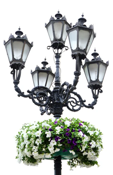 Flower arrangement on street lamp on sky background — 图库照片