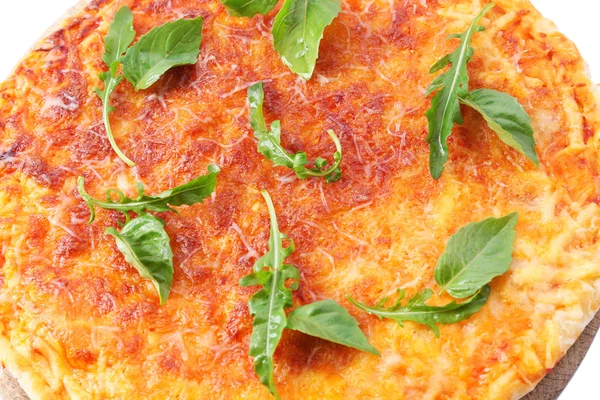 Cheese pizza with herbs on wooden cutting board, closeup — Stock Photo, Image