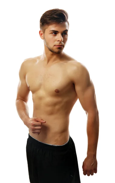 Νεαρός άνδρας μυών που απομονώνονται σε λευκό — Φωτογραφία Αρχείου