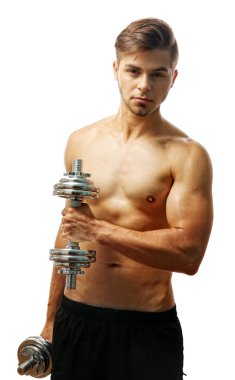 kas genç adam beyaz izole dumbbells holding
