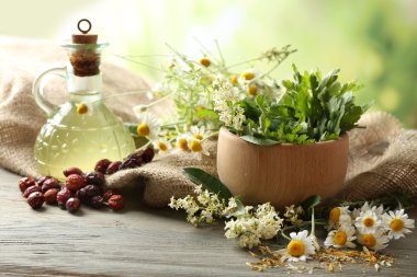 Herbs, berries and flowers with mortar, on wooden table, on bright background
