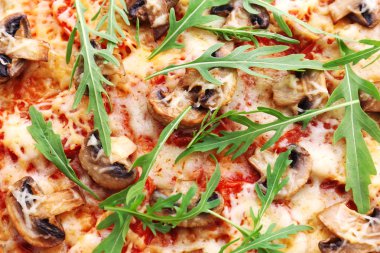 Sebze ve roka ile lezzetli pizza yakın çekim