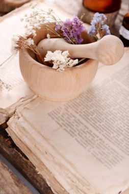 Harç kuru çiçeklerle eski kitap yakın çekim