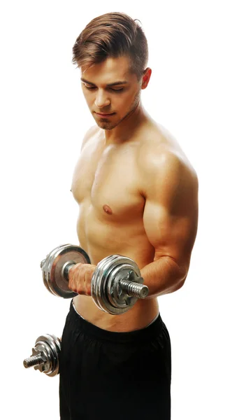 Muscle young man holding dumbbells isolated on white — Stock Photo, Image