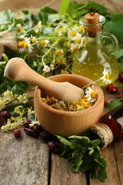 Herbs, berries and flowers with mortar, on wooden table background — Stock Photo, Image