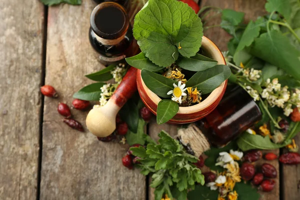 Kruiden, bessen en bloemen met mortel, op houten tafel achtergrond — Stockfoto