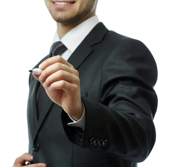 Empresario escribiendo en pantalla aislado en blanco — Foto de Stock