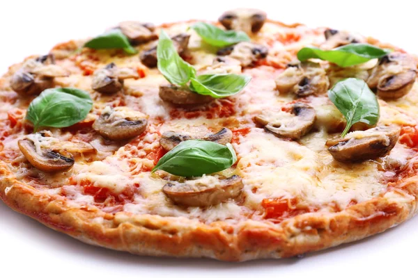 Tasty pizza with vegetables and basil close up — Stock Photo, Image