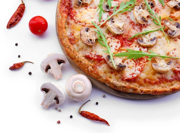 Tasty pizza with vegetables and arugula isolated on white — Stock Photo, Image