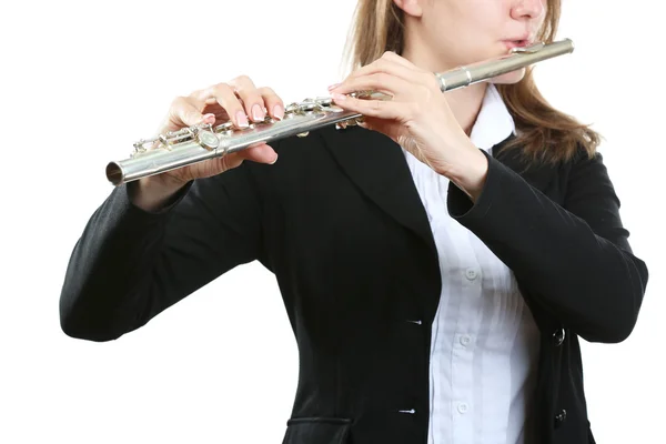 Músico tocando flauta isolada no branco — Fotografia de Stock