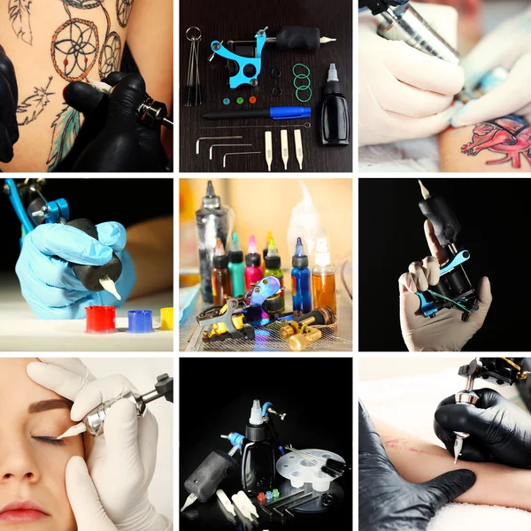 Collage de artista del tatuaje en el trabajo — Foto de Stock