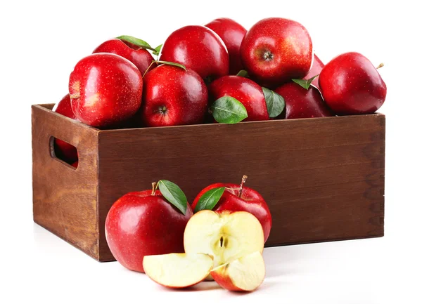 Red apples in wooden crate — Stock Photo, Image