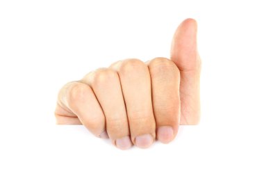 Male hand holding blank paper isolated on white