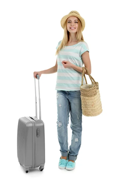 白で隔離のスーツケースを持った女性 — ストック写真