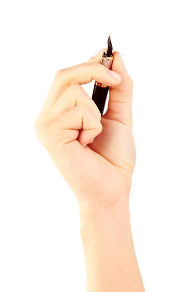 Mano femenina con pluma estilográfica aislada en blanco — Foto de Stock